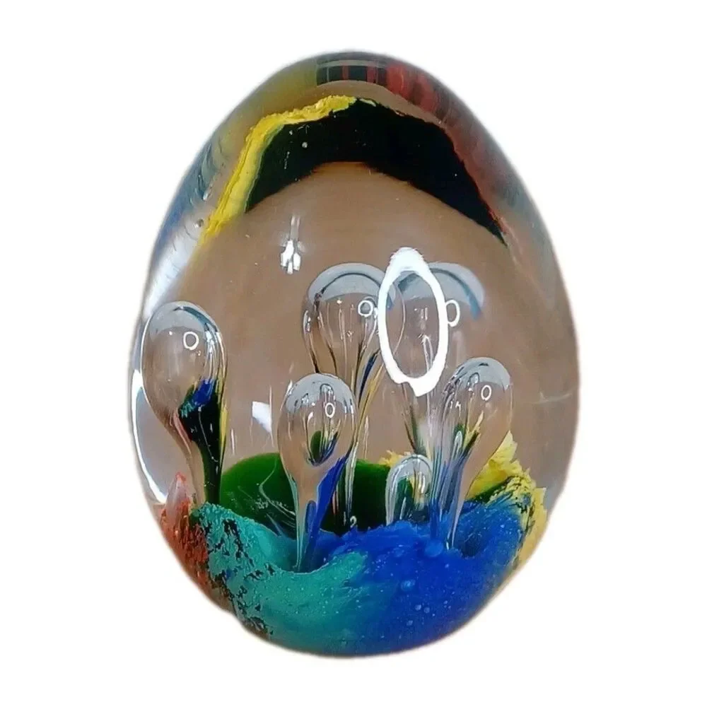 Hand Blown Art Glass Paperweight Controlled Bubbles Blue Multicolor Polished 3”